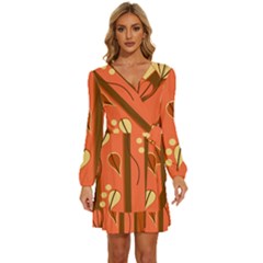 Amber Yellow Stripes Leaves Floral Long Sleeve Waist Tie Ruffle Velvet Dress by danenraven