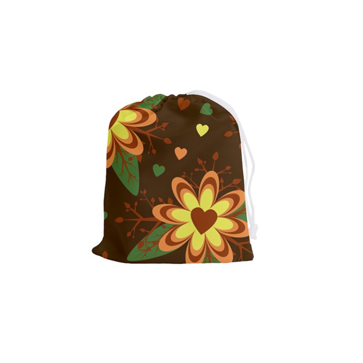 Floral Hearts Brown Green Retro Drawstring Pouch (Small)