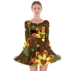 Floral Hearts Brown Green Retro Long Sleeve Skater Dress by danenraven