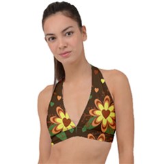 Floral Hearts Brown Green Retro Halter Plunge Bikini Top by danenraven