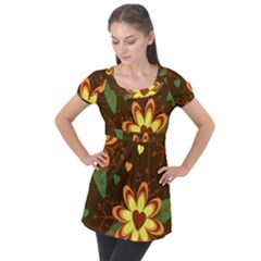 Floral Hearts Brown Green Retro Puff Sleeve Tunic Top by danenraven