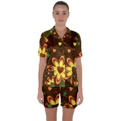 Floral Hearts Brown Green Retro Satin Short Sleeve Pajamas Set by danenraven