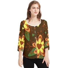 Floral Hearts Brown Green Retro Chiffon Quarter Sleeve Blouse by danenraven