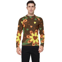 Floral Hearts Brown Green Retro Men s Long Sleeve Rash Guard by danenraven