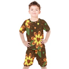 Floral Hearts Brown Green Retro Kids  Tee And Shorts Set by danenraven