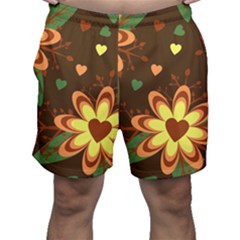 Floral Hearts Brown Green Retro Men s Shorts by danenraven