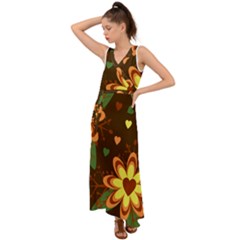 Floral Hearts Brown Green Retro V-neck Chiffon Maxi Dress by danenraven