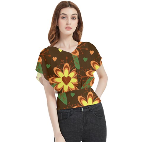 Floral Hearts Brown Green Retro Butterfly Chiffon Blouse by danenraven