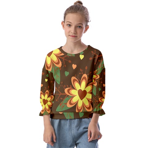 Floral Hearts Brown Green Retro Kids  Cuff Sleeve Top by danenraven