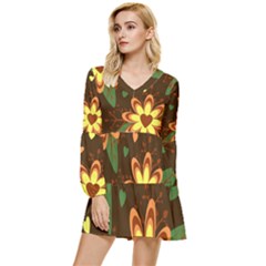 Floral Hearts Brown Green Retro Tiered Long Sleeve Mini Dress by danenraven