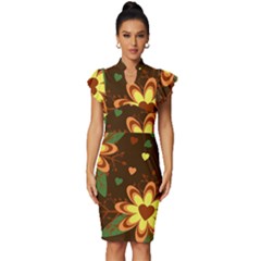 Floral Hearts Brown Green Retro Vintage Frill Sleeve V-neck Bodycon Dress by danenraven