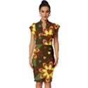 Floral Hearts Brown Green Retro Vintage Frill Sleeve V-Neck Bodycon Dress View1