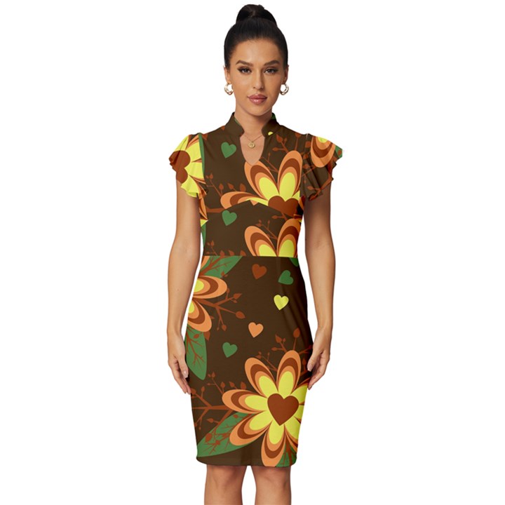 Floral Hearts Brown Green Retro Vintage Frill Sleeve V-Neck Bodycon Dress