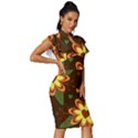 Floral Hearts Brown Green Retro Vintage Frill Sleeve V-Neck Bodycon Dress View3