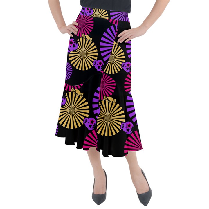 Seamless Halloween Day Of The Dead Midi Mermaid Skirt