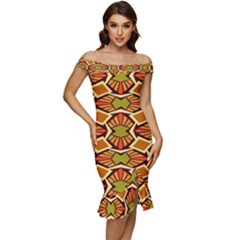 Geometry Shape Retro Trendy Symbol Off Shoulder Ruffle Split Hem Bodycon Dress by danenraven