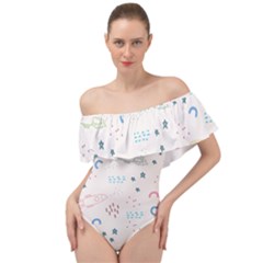 Spaceship Pattern Star Off Shoulder Velour Bodysuit 