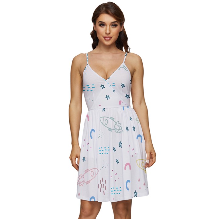 Spaceship Pattern Star V-Neck Pocket Summer Dress 