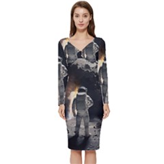 Astronaut Space Walk Long Sleeve V-neck Bodycon Dress  by danenraven