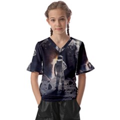 Astronaut Space Walk Kids  V-neck Horn Sleeve Blouse by danenraven