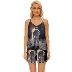 Astronaut Space Walk V-neck Satin Pajamas Set