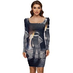 Astronaut Space Walk Women Long Sleeve Ruched Stretch Jersey Dress by danenraven