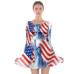 Statue Of Liberty And Usa Flag Art Long Sleeve Skater Dress by danenraven