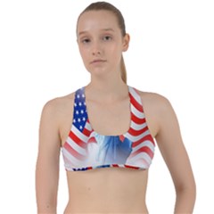 Statue Of Liberty And Usa Flag Art Criss Cross Racerback Sports Bra by danenraven