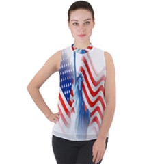 Statue Of Liberty And Usa Flag Art Mock Neck Chiffon Sleeveless Top by danenraven