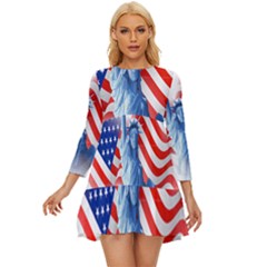 Statue Of Liberty And Usa Flag Art Long Sleeve Babydoll Dress by danenraven