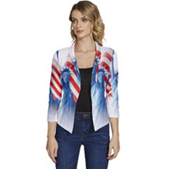 Statue Of Liberty And Usa Flag Art Women s Casual 3/4 Sleeve Spring Jacket