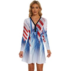 Statue Of Liberty And Usa Flag Art Long Sleeve Deep V Mini Dress  by danenraven