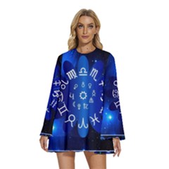 Astrology Horoscopes Constellation Round Neck Long Sleeve Bohemian Style Chiffon Mini Dress by danenraven