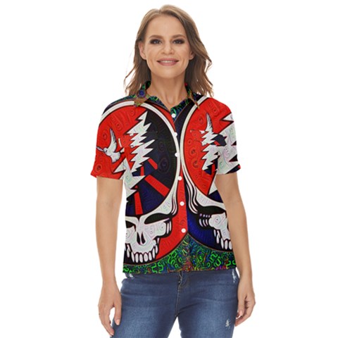 Grateful Dead Pattern Women s Short Sleeve Double Pocket Shirt by Mog4mog4