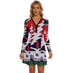 Grateful Dead Pattern Long Sleeve Deep V Mini Dress  by Mog4mog4