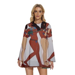 Egypt Fresco Mural Decoration Round Neck Long Sleeve Bohemian Style Chiffon Mini Dress by Mog4mog4