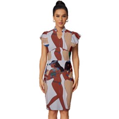 Egypt Fresco Mural Decoration Vintage Frill Sleeve V-neck Bodycon Dress by Mog4mog4