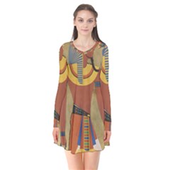 Egyptian Tutunkhamun Pharaoh Design Long Sleeve V-neck Flare Dress by Mog4mog4