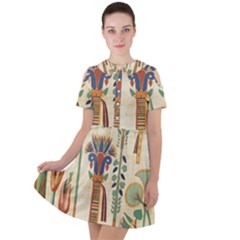 Egyptian Paper Papyrus Hieroglyphs Short Sleeve Shoulder Cut Out Dress  by Mog4mog4