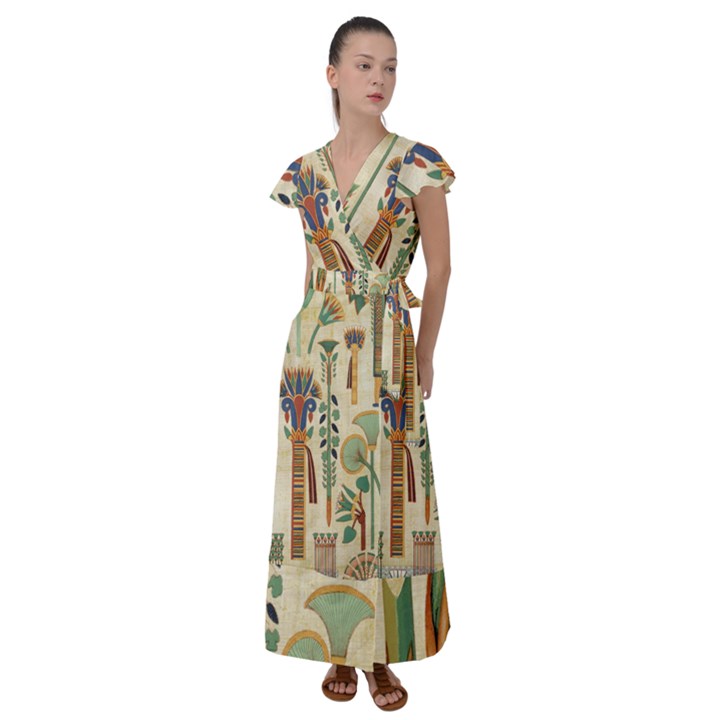 Egyptian Paper Papyrus Hieroglyphs Flutter Sleeve Maxi Dress