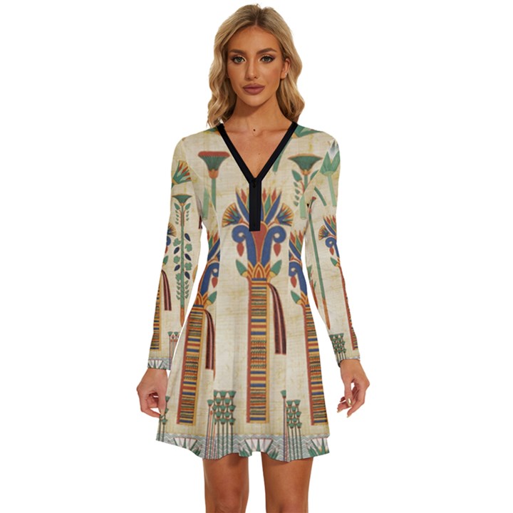 Egyptian Paper Papyrus Hieroglyphs Long Sleeve Deep V Mini Dress 