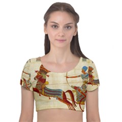 Egyptian Tutunkhamun Pharaoh Design Velvet Short Sleeve Crop Top  by Mog4mog4