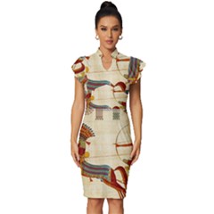 Egyptian Tutunkhamun Pharaoh Design Vintage Frill Sleeve V-neck Bodycon Dress by Mog4mog4