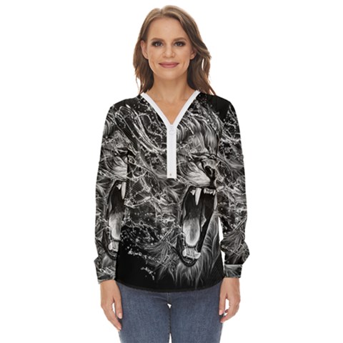 Lion Furious Abstract Desing Furious Zip Up Long Sleeve Blouse by Mog4mog4