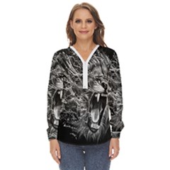 Lion Furious Abstract Desing Furious Zip Up Long Sleeve Blouse