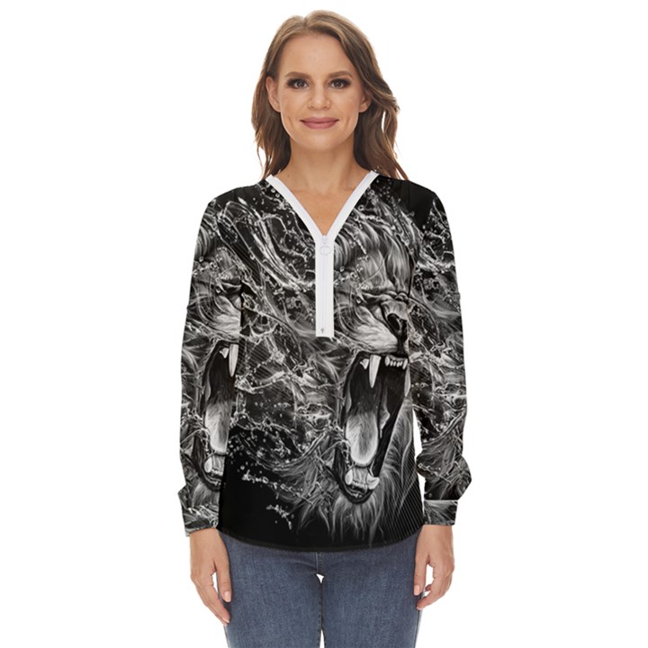 Lion Furious Abstract Desing Furious Zip Up Long Sleeve Blouse