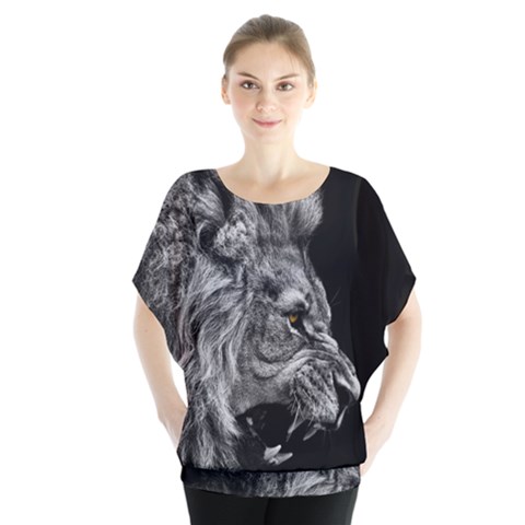 Roar Angry Male Lion Black Batwing Chiffon Blouse by Mog4mog4