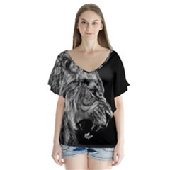 Roar Angry Male Lion Black V-neck Flutter Sleeve Top by Mog4mog4