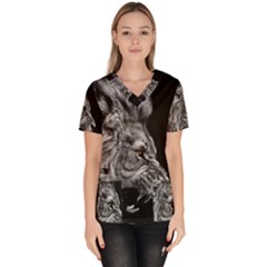 Roar Angry Male Lion Black Women s V-neck Scrub Top by Mog4mog4