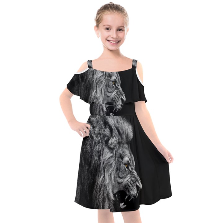 Roar Angry Male Lion Black Kids  Cut Out Shoulders Chiffon Dress